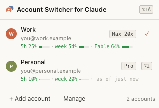 The extension popup listing two accounts with their usage